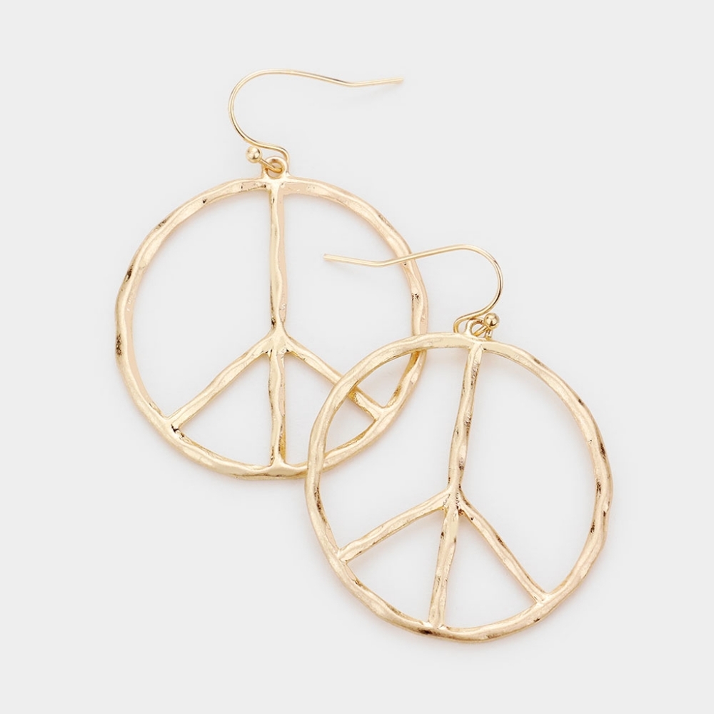 Gold Peace Symbol Sign 1.75 Inch Metal Dangle Earrings Drop Statement Jewelry